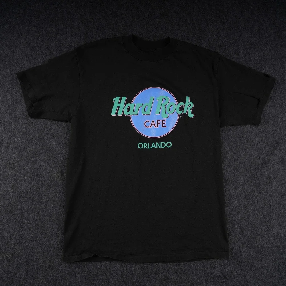 Hanes Beefy Hard Rock Cafe Orlando T-Shirt Mens L Black Fair Distressed 90s USA